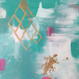 Turquoise Sky with Bougainvillea 14x14" with custom wood panel