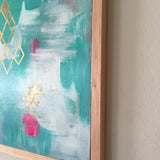Turquoise Sky with Bougainvillea 14x14" with custom wood panel