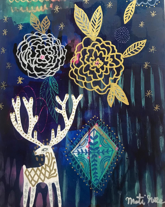 Starshine, Camellia & Deer Magic— Acrylic on Thick Cradled Wood Panel 11x14